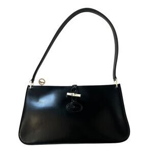 Longchamp Roseau Black Smooth Leather Shoulder Bag Bamboo Toggle Y2K